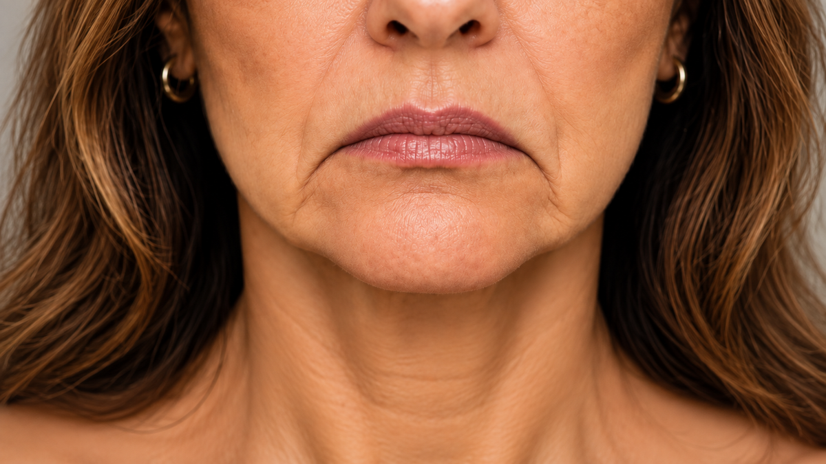 Middle-aged woman with marionette lines and a downturned mouth.