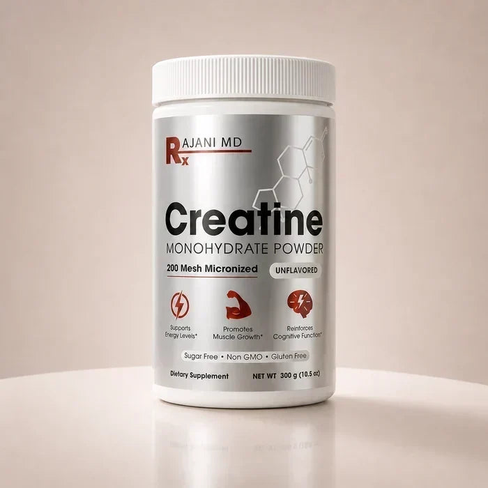 Rajani MD Creatine Monohydrate Powder container displayed with scoop and supplement packaging.