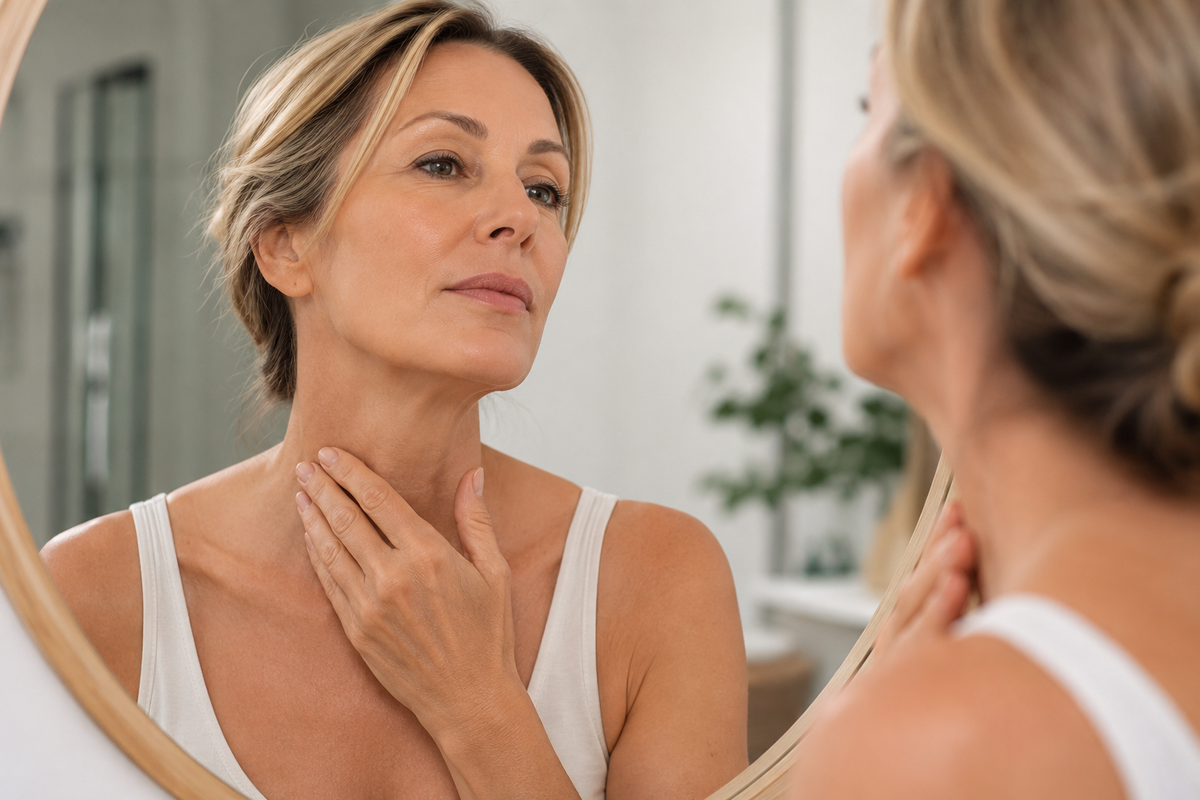 Woman in a bathroom examining fine lines and crepey skin on her neck while looking in the mirror.