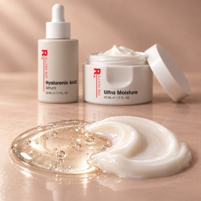 Clear hyaluronic serum and white Ultra Moisture cream textures side by side