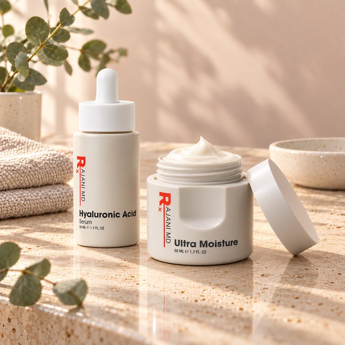Hyaluronic Acid Serum and Ultra Moisture on a bathroom vanity in morning light