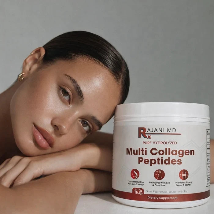 Rajani MD Multi Collagen Peptides Powder container displayed with wellness accessories on a bright surface.