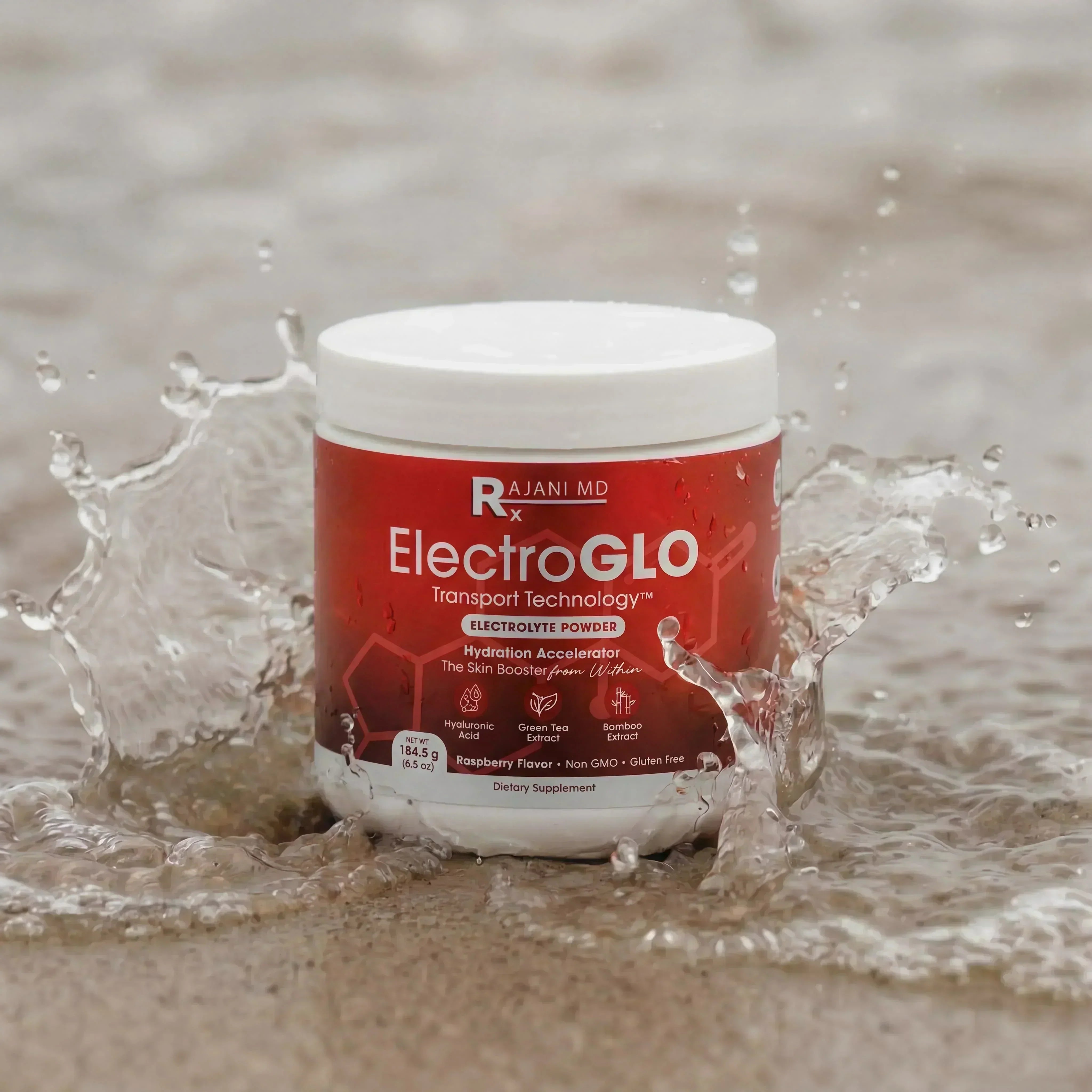 ElectroGLO hydration supplement jar with electrolyte blend supporting skin hydration and recovery.
