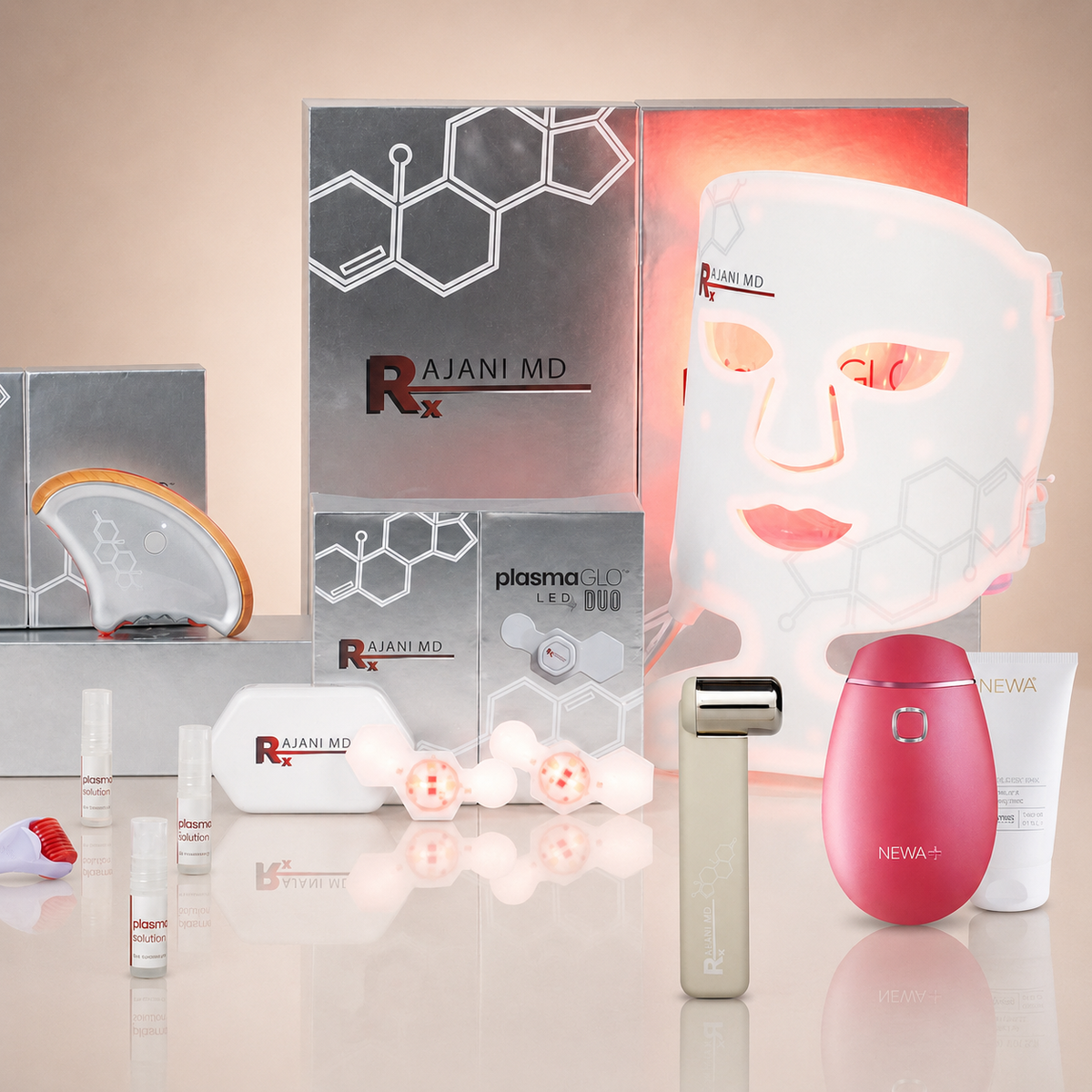 Rajani MD at-home skincare devices, including a PlasmaGLO LED mask and undereye corrector, gua sha tool, NEWA radiofrequency device, and skincare serums.