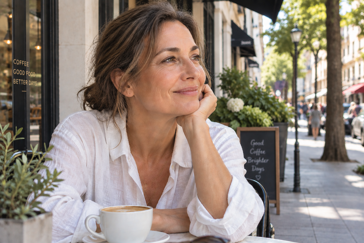 A smiling middle-aged woman with wavy brown hair rests her chin on her hand while sitting at an outdoor café table, gazing off to the side.