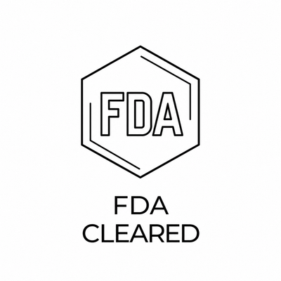 A black line icon with 'FDA' inside a hexagon, with the text 'FDA CLEARED' below on a white background.