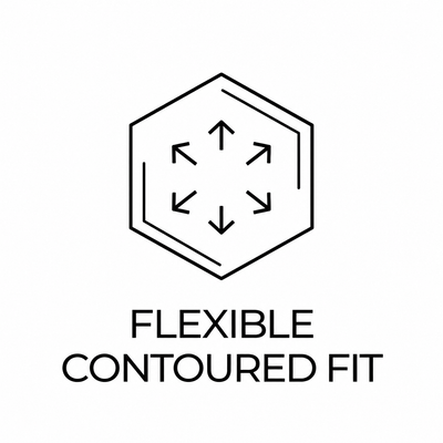 A black line icon of arrows pointing outward inside a hexagon, with the text 'FLEXIBLE CONTOURED FIT' below on a white background.