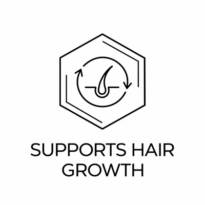 A black line icon of a hexagon containing a hair growth symbol in the center, with the text 'SUPPORTS HAIR GROWTH' below on a plain white background.