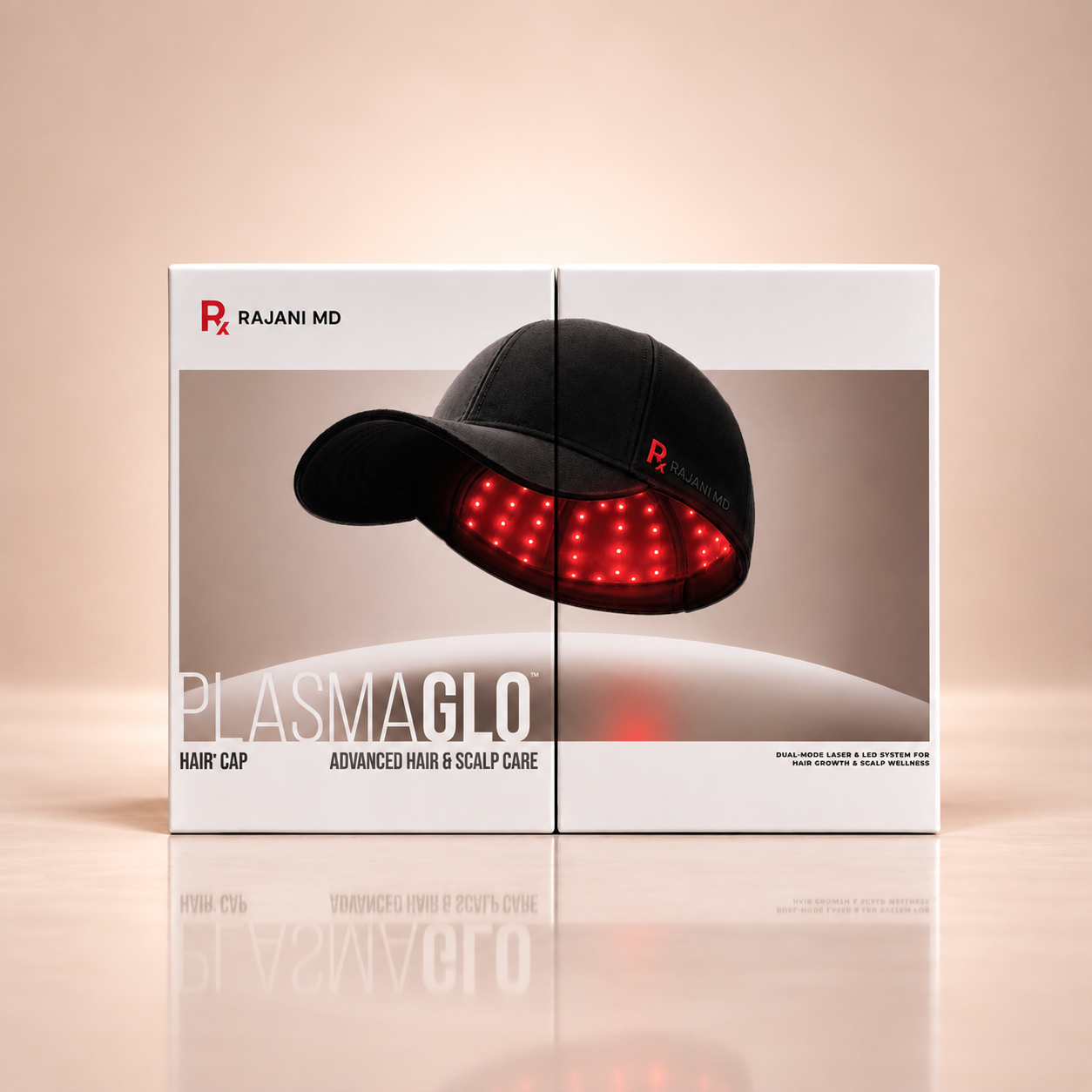 plus-cap-product-box.png	Rajani MD PlasmaGLO™ Hair+ Cap and retail box, showing the cap’s red light panel for at-home hair growth support.