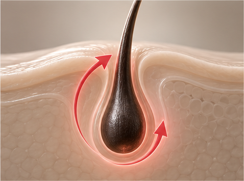 Conceptual illustration of a hair follicle with red curved arrows