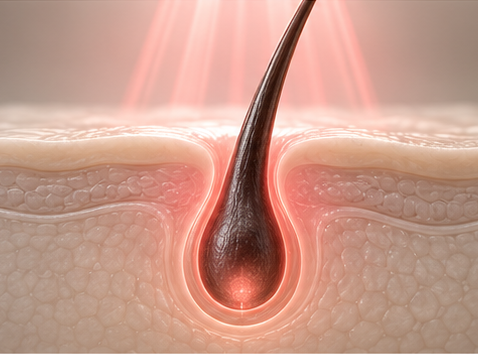 Conceptual illustration of red light shining onto a hair follicle
