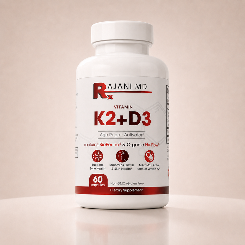 RajaniMD K2+D3 Capsules combining vitamin K2, vitamin D3, and BioPerine to support bone health, skin elasticity, and calcium absorption.