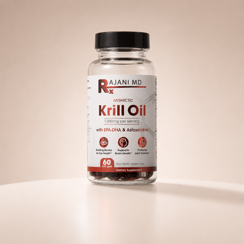 RajaniMD Krill Oil Softgels sourced from Antarctic krill and formulated with omega-3 fatty acids, phospholipids, and astaxanthin to support overall wellness.