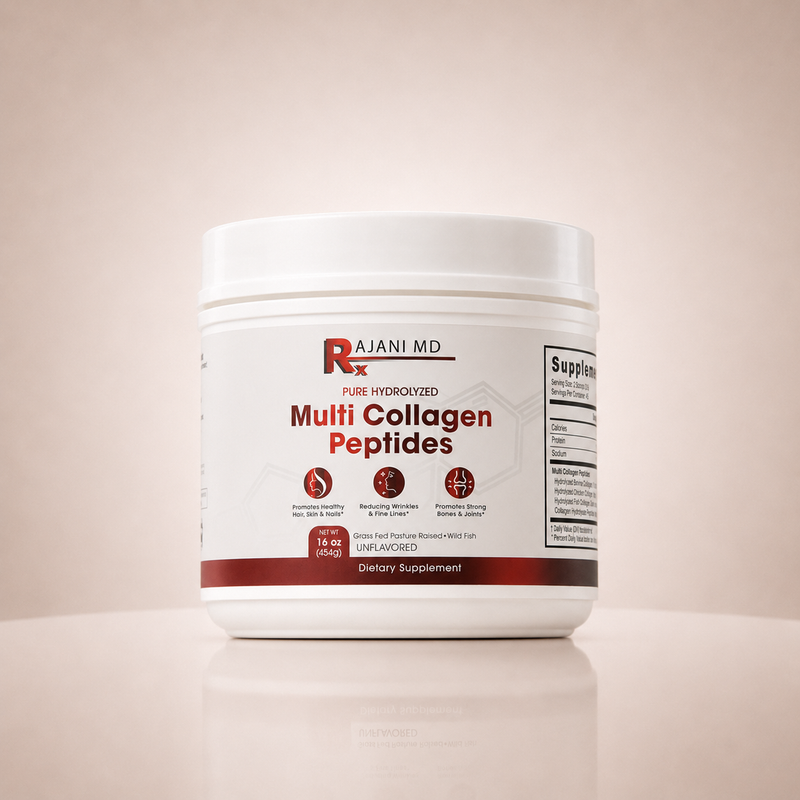 RajaniMD Multi Collagen Peptides Powder made from five collagen sources to support healthy-looking hair, skin, nails, joints, and overall structural wellness.