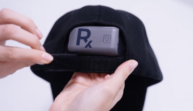 Close-up showing the controller attachment on the Rajani MD PlasmaGLO™ Hair+ Cap.