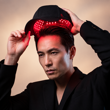 Man adjusting the cordless Rajani MD PlasmaGLO™ Hair+ Cap, which combines red LED light and laser technology for hair growth support.