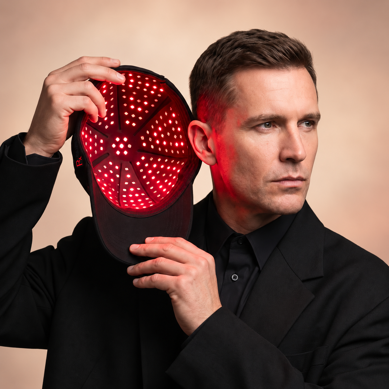 plus-cap-man-showing-light-panel.png	Man holding the Rajani MD PlasmaGLO™ Hair+ Cap open to show the red LED and laser light panel.