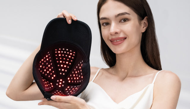 Interior of the PlasmaGLO™ Hair+ Cap showing the red LEDs and laser light panel used for hair growth support.