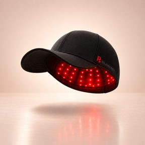The Rajani MD PlasmaGLO Hair+ Cap floating above a reflective surface, with red lights and lasers illuminated on the inside. The cap features a small red and black 'Rx RAJANI MD' logo embroidered on the side.