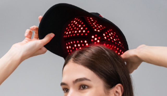 PlasmaGLO™ Hair+ Cap in use with its red LEDs and laser light illuminated for scalp hair therapy.