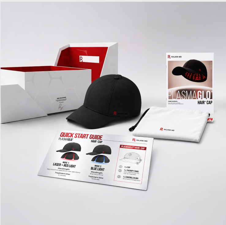 A look of what comes in the Rajani MD PlasmaGLO Hair+ Cap, including the black cap featuring both lasers and red and blue light, its retail box, white branded pouch, quick start guide, and instruction booklet on a light gray background.