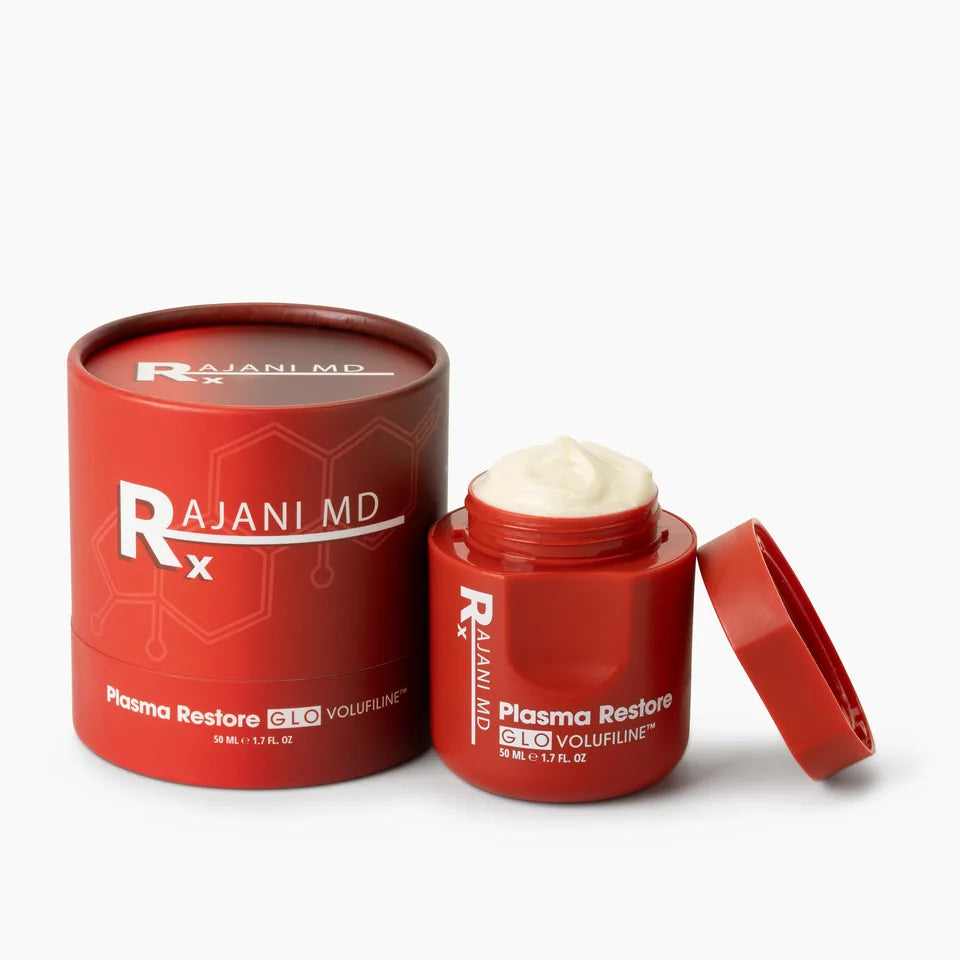 Plasma Restore GLO Volufiline Cream 50 mL jar, open, next to its red RajaniMD box